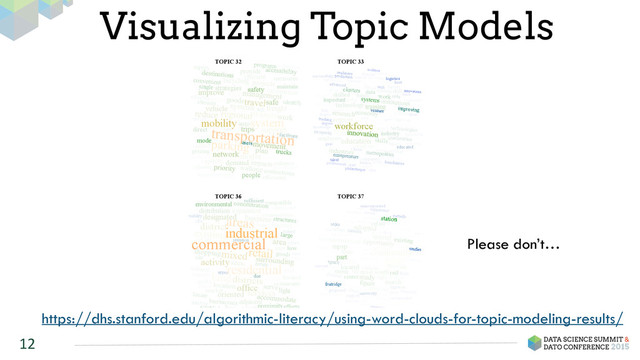 12
Visualizing Topic Models
https://dhs.stanford.edu/algorithmic-literacy/using-word-clouds-for-topic-modeling-results/
Please don’t…
