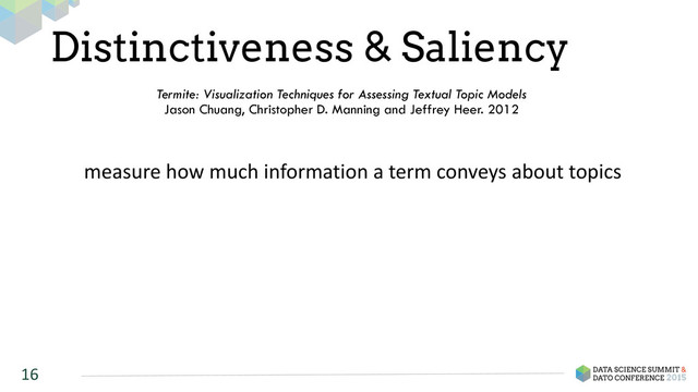 Distinctiveness & Saliency
16
Termite: Visualization Techniques for Assessing Textual Topic Models
Jason Chuang, Christopher D. Manning and Jeffrey Heer. 2012
measure	  how	  much	  information	  a	  term	  conveys	  about	  topics
