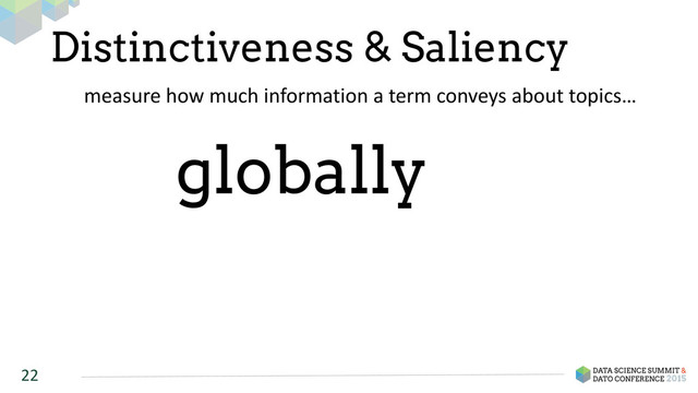 Distinctiveness & Saliency
22
measure	  how	  much	  information	  a	  term	  conveys	  about	  topics…
globally
