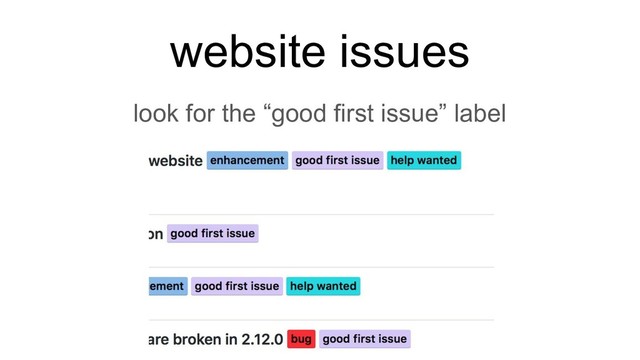 look for the “good first issue” label
website issues
