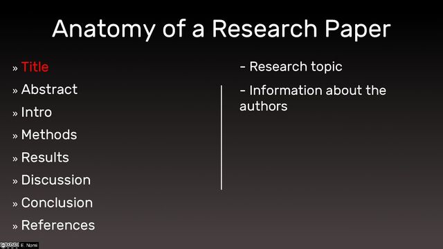 Anatomy of a Research Paper
»
Title
»
Abstract
»
Intro
»
Methods
»
Results
»
Discussion
»
Conclusion
»
References
- Research topic
- Information about the
authors
