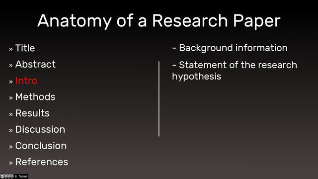 Anatomy of a Research Paper
»
Title
»
Abstract
»
Intro
»
Methods
»
Results
»
Discussion
»
Conclusion
»
References
- Background information
- Statement of the research
hypothesis
