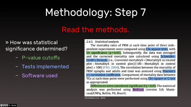 Methodology: Step 7
Read the methods.
» How was statistical
significance determined?
– P-value cutoffs
– Tests implemented
– Software used
(Immediato et al., 2016)
