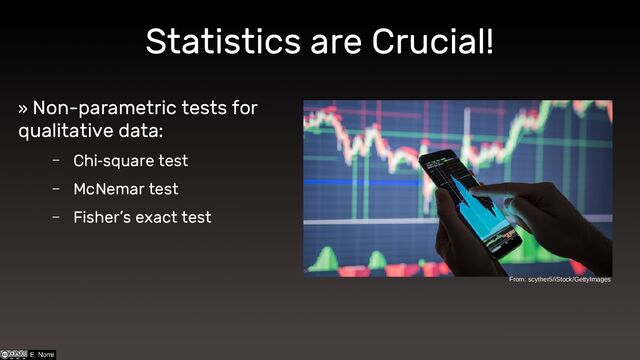 Statistics are Crucial!
» Non-parametric tests for
qualitative data:
– Chi square test
‐
– McNemar test
– Fisher’s exact test
From: scyther5/iStock/GettyImages

