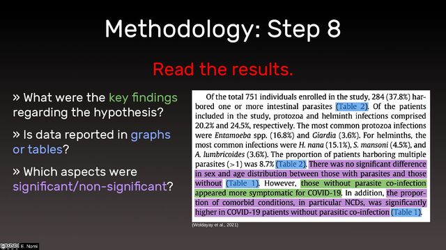 Methodology: Step 8
» What were the key findings
regarding the hypothesis?
» Is data reported in graphs
or tables?
» Which aspects were
significant/non-significant?
Read the results.
(Woldayay et al., 2021)
