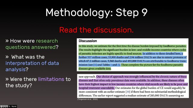 Methodology: Step 9
» How were research
questions answered?
» What was the
interpretation of data
analysis?
» Were there limitations to
the study?
Read the discussion.
(Torgerson et al., 2015)
