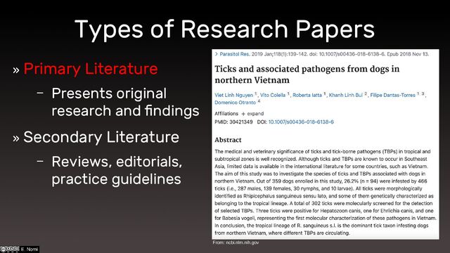 Types of Research Papers
» Primary Literature
– Presents original
research and findings
» Secondary Literature
– Reviews, editorials,
practice guidelines
From: ncbi.nlm.nih.gov
