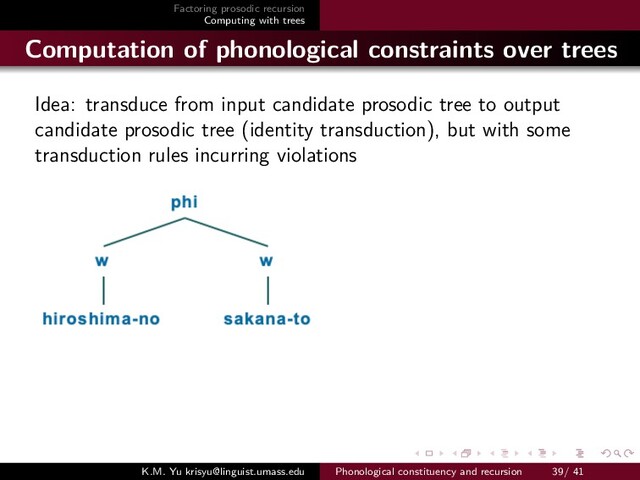Factoring prosodic recursion
Computing with trees
Computation of phonological constraints over trees
Idea: transduce from input candidate prosodic tree to output
candidate prosodic tree (identity transduction), but with some
transduction rules incurring violations
K.M. Yu krisyu@linguist.umass.edu Phonological constituency and recursion 39/ 41
