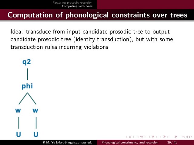 Factoring prosodic recursion
Computing with trees
Computation of phonological constraints over trees
Idea: transduce from input candidate prosodic tree to output
candidate prosodic tree (identity transduction), but with some
transduction rules incurring violations
K.M. Yu krisyu@linguist.umass.edu Phonological constituency and recursion 39/ 41
