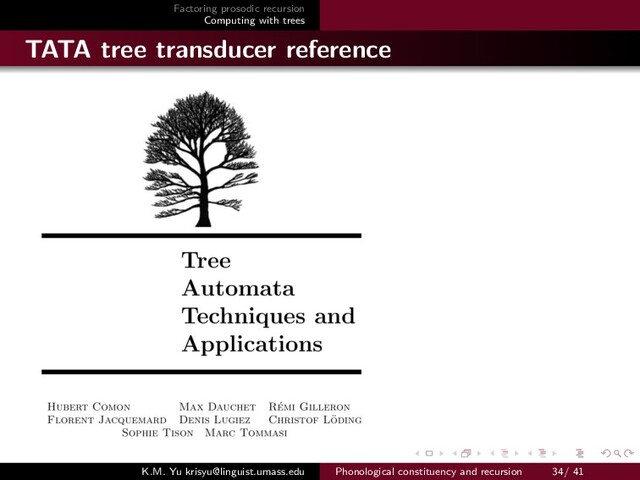 Factoring prosodic recursion
Computing with trees
TATA tree transducer reference
K.M. Yu krisyu@linguist.umass.edu Phonological constituency and recursion 34/ 41
