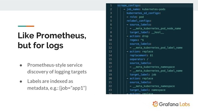 Like Prometheus,
but for logs
● Prometheus-style service
discovery of logging targets
● Labels are indexed as
metadata, e.g.: {job=”app1”}
