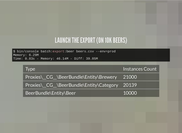 LAUNCH THE EXPORT (ON 10K BEERS)
LAUNCH THE EXPORT (ON 10K BEERS)
Type Instances Count
Proxies\__CG__\BeerBundle\Entity\Brewery 21000
Proxies\__CG__\BeerBundle\Entity\Category 20139
BeerBundle\Entity\Beer 10000
$ bin/console batch:export:beer beers.csv --env=prod
Memory: 6.29M
Time: 0.83s - Memory: 46.14M - Diff: 39.85M
