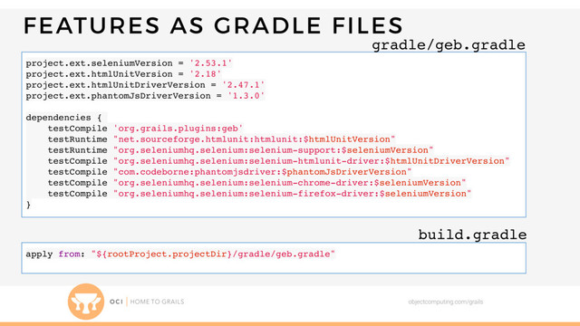 FEATURES AS GRADLE FILES
objectcomputing.com/grails
gradle/geb.gradle
project.ext.seleniumVersion = '2.53.1'
project.ext.htmlUnitVersion = '2.18'
project.ext.htmlUnitDriverVersion = '2.47.1'
project.ext.phantomJsDriverVersion = '1.3.0'
dependencies {
testCompile 'org.grails.plugins:geb'
testRuntime "net.sourceforge.htmlunit:htmlunit:$htmlUnitVersion"
testRuntime "org.seleniumhq.selenium:selenium-support:$seleniumVersion"
testCompile "org.seleniumhq.selenium:selenium-htmlunit-driver:$htmlUnitDriverVersion"
testCompile "com.codeborne:phantomjsdriver:$phantomJsDriverVersion"
testCompile "org.seleniumhq.selenium:selenium-chrome-driver:$seleniumVersion"
testCompile "org.seleniumhq.selenium:selenium-firefox-driver:$seleniumVersion"
}
apply from: "${rootProject.projectDir}/gradle/geb.gradle"
build.gradle
