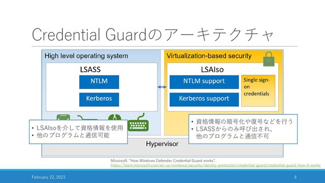 Credential Guardのアーキテクチャ
February 22, 2023 6
Microsoft. “How Windows Defender Credential Guard works”.
https://learn.microsoft.com/en-us/windows/security/identity-protection/credential-guard/credential-guard-how-it-works
• 資格情報の暗号化や復号などを行う
• LSASSからのみ呼び出され、
他のプログラムと通信不可
• LSAIsoを介して資格情報を使用
• 他のプログラムと通信可能
