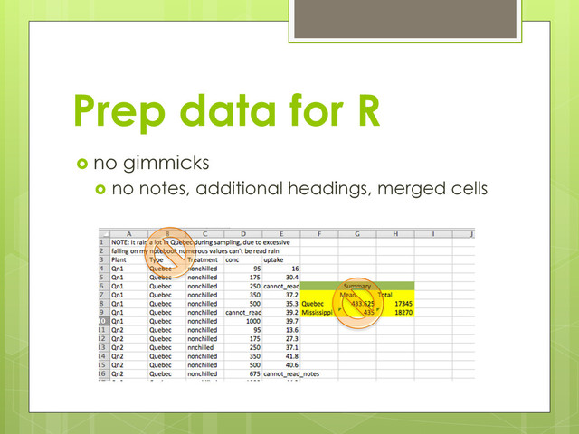 Prep data for R
  no gimmicks
  no notes, additional headings, merged cells
