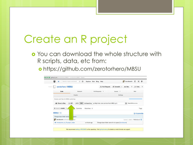 Create an R project
  You can download the whole structure with
R scripts, data, etc from:
  https://github.com/zerotorhero/MBSU
