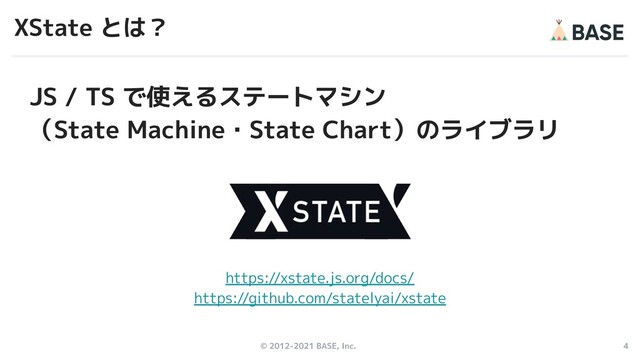 © 2012-2021 BASE, Inc. 4
https://xstate.js.org/docs/
https://github.com/statelyai/xstate
XState とは？
JS / TS で使えるステートマシン
（State Machine・State Chart）のライブラリ
