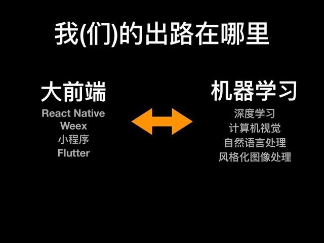 我(们)的出路路在哪⾥里里
⼤大前端
React Native
Weex
⼩小程序
Flutter
机器器学习
深度学习
计算机视觉
⾃自然语⾔言处理理
⻛风格化图像处理理
