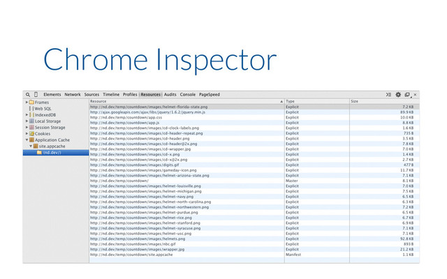 Chrome Inspector
chrome://appcache-internals/
