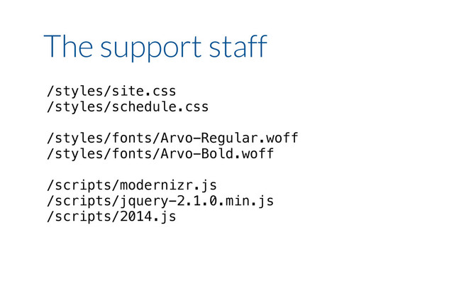 /styles/site.css
/styles/schedule.css
/styles/fonts/Arvo-Regular.woff
/styles/fonts/Arvo-Bold.woff
/scripts/modernizr.js
/scripts/jquery-2.1.0.min.js
/scripts/2014.js
The support staff
