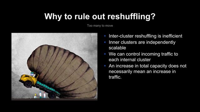 Why to rule out reshuffling?
Too many to move
• Inter-cluster reshuffling is inefficient
• Inner clusters are independently
scalable
• We can control incoming traffic to
each internal cluster
• An increase in total capacity does not
necessarily mean an increase in
traffic.
