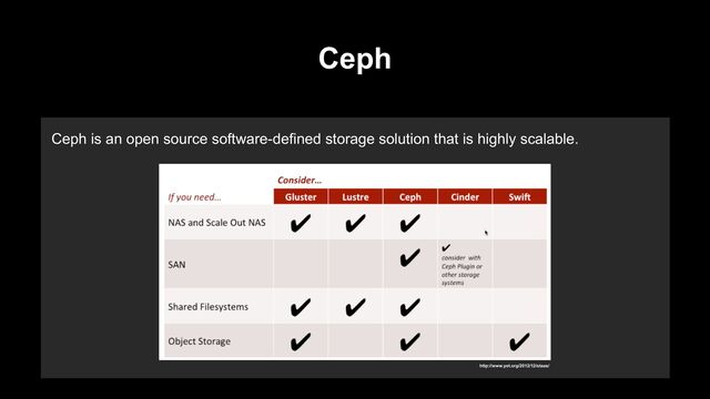 Ceph
Ceph is an open source software-defined storage solution that is highly scalable.
http://www.yet.org/2012/12/staas/
