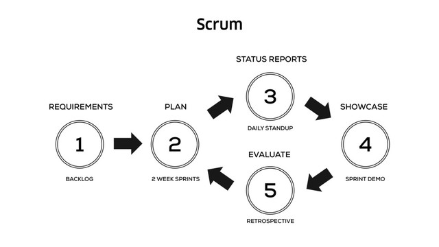 Scrum
1 2
3
4
5
REQUIREMENTS PLAN SHOWCASE
STATUS REPORTS
EVALUATE
BACKLOG 2 WEEK SPRINTS SPRINT DEMO
DAILY STANDUP
RETROSPECTIVE
