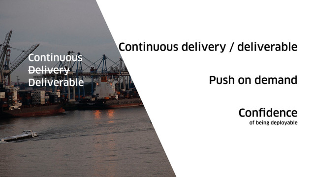 Continuous delivery / deliverable
Continuous
Delivery
Deliverable Push on demand
Confidence
of being deployable
