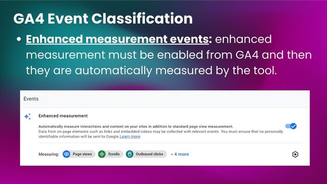Enhanced measurement events: enhanced
measurement must be enabled from GA4 and then
they are automatically measured by the tool.
GA4 Event Classification
