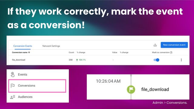 If they work correctly, mark the event
as a conversion!
Admin > Conversions.
