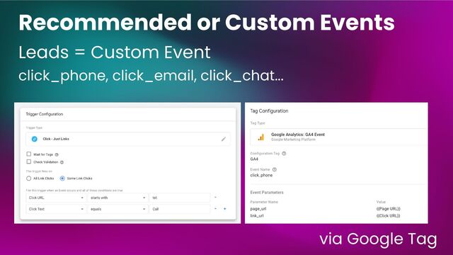 Recommended or Custom Events
Leads = Custom Event
click_phone, click_email, click_chat...
via Google Tag
