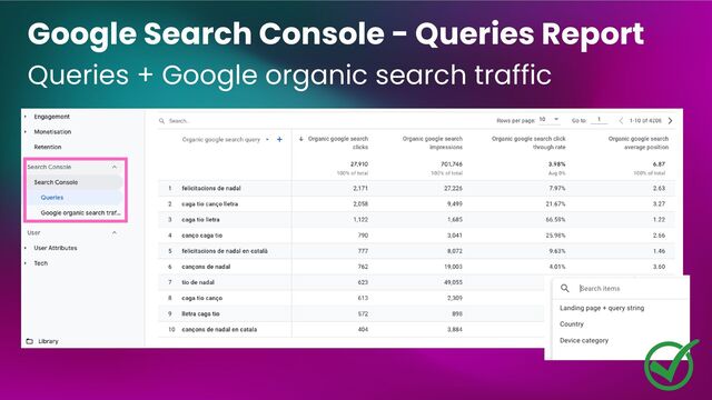Google Search Console - Queries Report
Queries + Google organic search traffic
