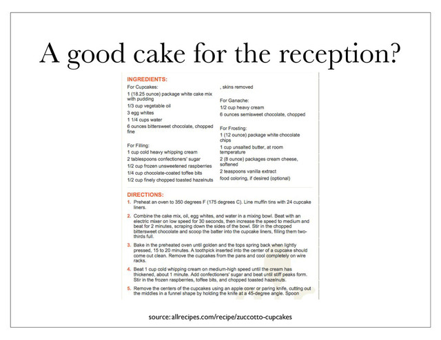 A good cake for the reception?
source: allrecipes.com/recipe/zuccotto-cupcakes

