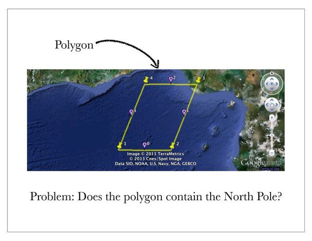 Polygon
Problem: Does the polygon contain the North Pole?

