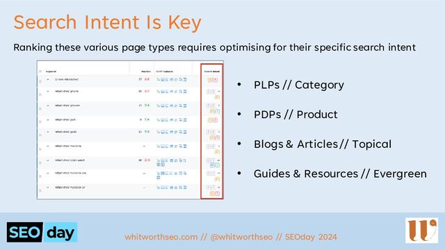 Search Intent Is Key
• PLPs // Category
• PDPs // Product
• Blogs & Articles // Topical
• Guides & Resources // Evergreen
Ranking these various page types requires optimising for their specific search intent
whitworthseo.com // @whitworthseo // SEOday 2024
