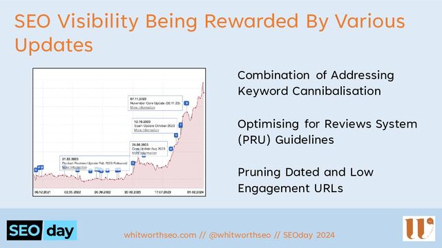 SEO Visibility Being Rewarded By Various
Updates
Combination of Addressing
Keyword Cannibalisation
Optimising for Reviews System
(PRU) Guidelines
Pruning Dated and Low
Engagement URLs
whitworthseo.com // @whitworthseo // SEOday 2024
