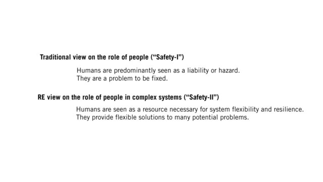 Humans are predominantly seen as a liability or hazard.
They are a problem to be fixed.
Traditional view on the role of people (“Safety-I”)
Humans are seen as a resource necessary for system flexibility and resilience.
They provide flexible solutions to many potential problems.
RE view on the role of people in complex systems (“Safety-II”)
