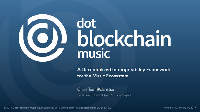 music
dot
blockchain
A Decentralized Interoperability Framework
for the Music Ecosystem
Chris Tse @christse
Tech Lead, dotBC Open Source Project
© 2017 Dot Blockchain Music Inc. Diagrams © 2017 Christopher Tse. Licensed under CC BY-SA 4.0 Revision 11. January 24, 2017
