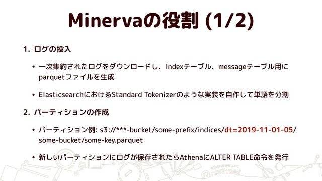 Minervaの役割 (1/2)
1. ログの投入
• 一次集約されたログをダウンロードし、Indexテーブル、messageテーブル用に
parquetファイルを生成
• ElasticsearchにおけるStandard Tokenizerのような実装を自作して単語を分割
2. パーティションの作成
• パーティション例: s3://***-bucket/some-preﬁx/indices/dt=2019-11-01-05/
some-bucket/some-key.parquet
• 新しいパーティションにログが保存されたらAthenaにALTER TABLE命令を発行
