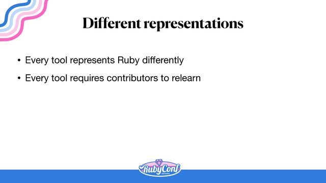 Different representations
• Every tool represents Ruby di
ff
erently

• Every tool requires contributors to relearn
