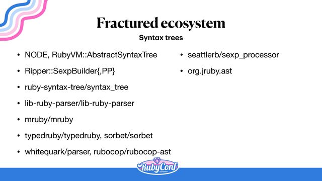 Fractured ecosystem
• NODE, RubyVM::AbstractSyntaxTree

• Ripper::SexpBuilder{,PP}

• ruby-syntax-tree/syntax_tree

• lib-ruby-parser/lib-ruby-parser

• mruby/mruby

• typedruby/typedruby, sorbet/sorbet

• whitequark/parser, rubocop/rubocop-ast
Synt
a
x trees
• seattlerb/sexp_processor

• org.jruby.ast

