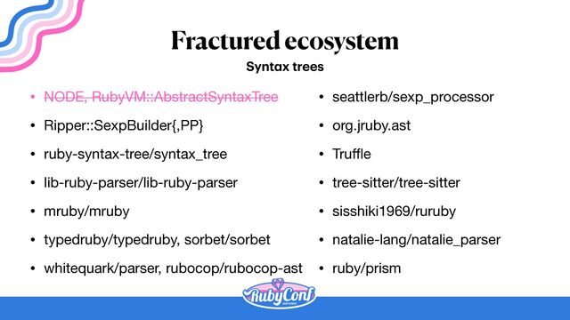 Fractured ecosystem
• NODE, RubyVM::AbstractSyntaxTree

• Ripper::SexpBuilder{,PP}

• ruby-syntax-tree/syntax_tree

• lib-ruby-parser/lib-ruby-parser

• mruby/mruby

• typedruby/typedruby, sorbet/sorbet

• whitequark/parser, rubocop/rubocop-ast
Synt
a
x trees
• seattlerb/sexp_processor

• org.jruby.ast

• Tru
ff
l
e

• tree-sitter/tree-sitter

• sisshiki1969/ruruby

• natalie-lang/natalie_parser

• ruby/prism
