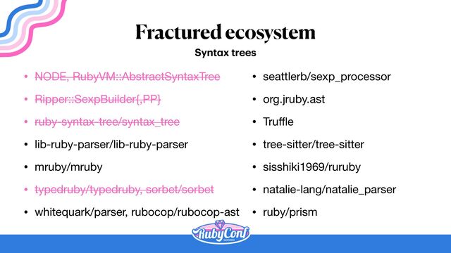 Fractured ecosystem
• NODE, RubyVM::AbstractSyntaxTree

• Ripper::SexpBuilder{,PP}

• ruby-syntax-tree/syntax_tree

• lib-ruby-parser/lib-ruby-parser

• mruby/mruby

• typedruby/typedruby, sorbet/sorbet

• whitequark/parser, rubocop/rubocop-ast
Synt
a
x trees
• seattlerb/sexp_processor

• org.jruby.ast

• Tru
ff
l
e

• tree-sitter/tree-sitter

• sisshiki1969/ruruby

• natalie-lang/natalie_parser

• ruby/prism
