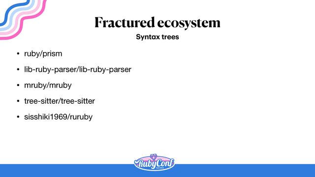Fractured ecosystem
• ruby/prism

• lib-ruby-parser/lib-ruby-parser

• mruby/mruby

• tree-sitter/tree-sitter

• sisshiki1969/ruruby
Synt
a
x trees
