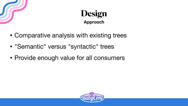 Design
• Comparative analysis with existing trees

• "Semantic" versus "syntactic" trees

• Provide enough value for all consumers
Appro
a
ch
