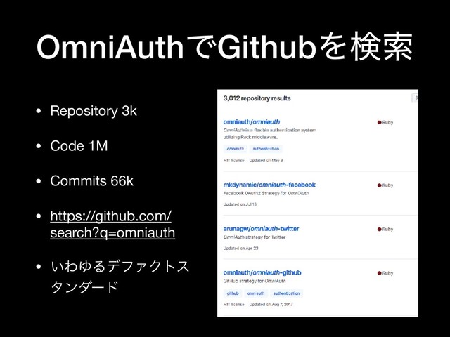 OmniAuthͰGithubΛݕࡧ
• Repository 3k

• Code 1M

• Commits 66k

• https://github.com/
search?q=omniauth

• ͍ΘΏΔσϑΝΫτε
λϯμʔυ
