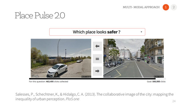 Place Pulse 2.0
24
Salesses, P., Schechtner, K., & Hidalgo, C. A. (2013). The collaborative image of the city: mapping the
inequality of urban perception. PloS one
1 2
MULTI- MODAL APPROACH

