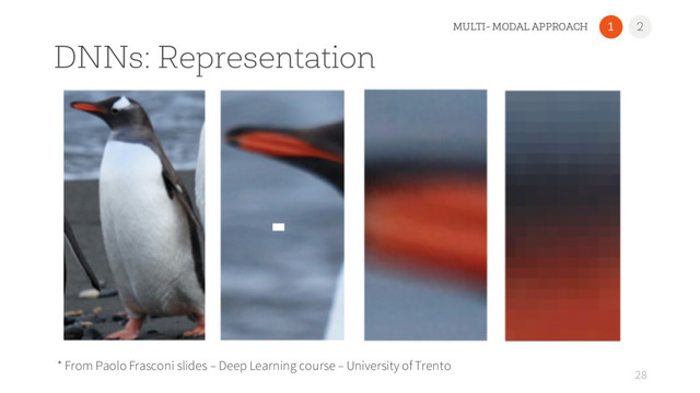 DNNs: Representation
28
1 2
MULTI- MODAL APPROACH
* From Paolo Frasconi slides – Deep Learning course – University of Trento
