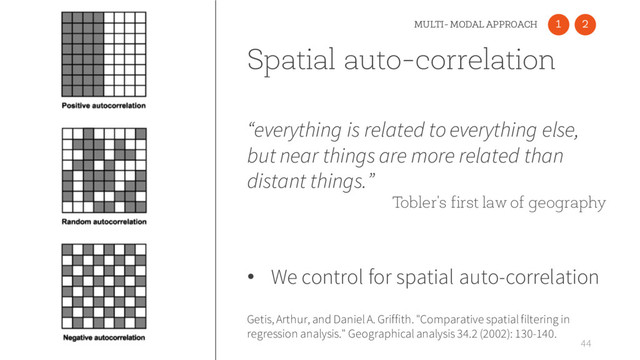 Spatial auto-correlation
44
Getis, Arthur, and Daniel A. Griffith. "Comparative spatial filtering in
regression analysis." Geographical analysis 34.2 (2002): 130-140.
“everything is related to everything else,
but near things are more related than
distant things.”
Tobler's first law of geography
• We control for spatial auto-correlation
1 2
MULTI- MODAL APPROACH
