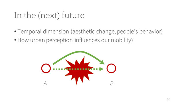 In the (next) future
• Temporal dimension (aesthetic change, people’s behavior)
• How urban perception influences our mobility?
65
A B
